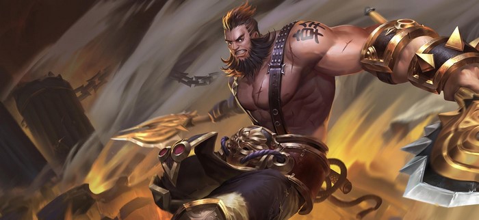 A muscular fantasy warrior with a beard and tattoos