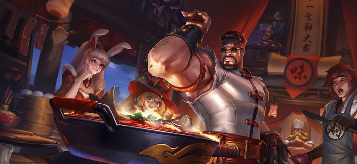 League of Legends characters cooking in a restaurant