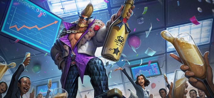 Man with champagne celebrating in a stock market office