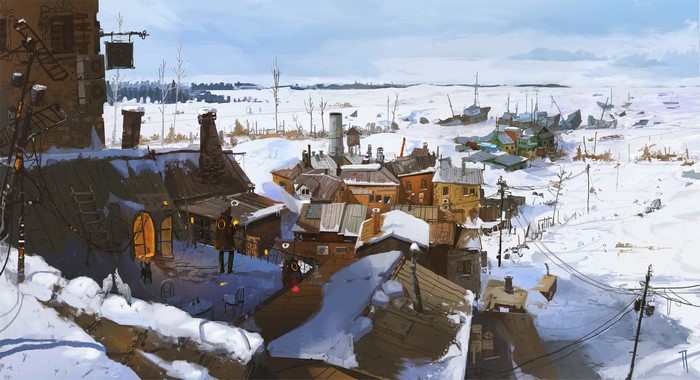Winter village with frozen harbor and ships