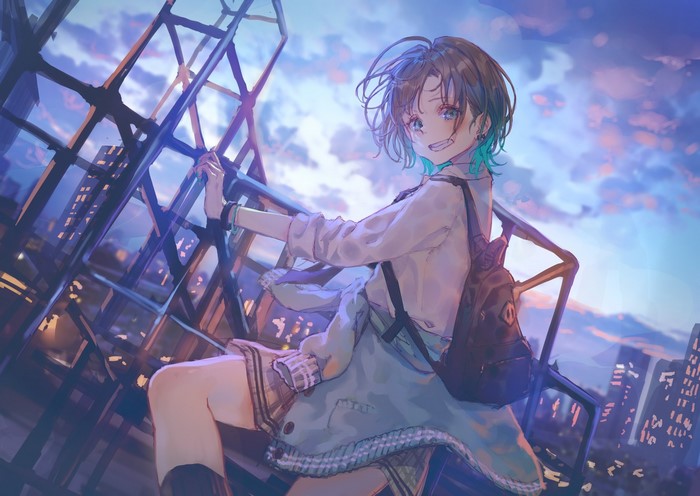 Anime girl with short hair and backpack on a structure