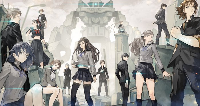 Anime characters in school uniforms with a giant robot