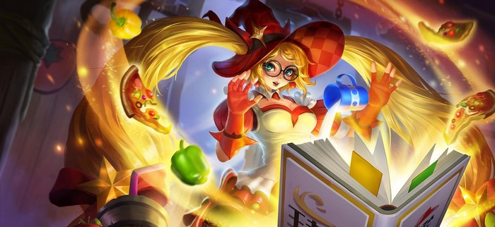 Anime girl with glasses and witch hat making pizza