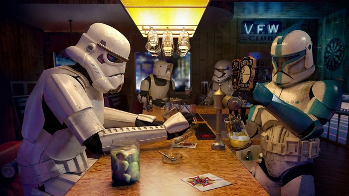 Star Wars Stormtroopers and Clone Troopers at a bar