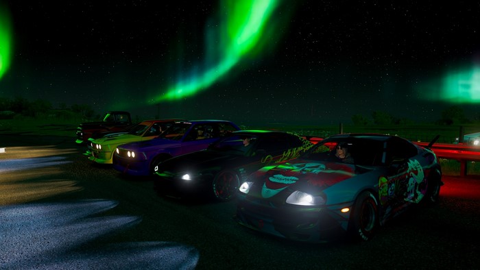 Cars under Aurora Borealis in Forza Horizon 4