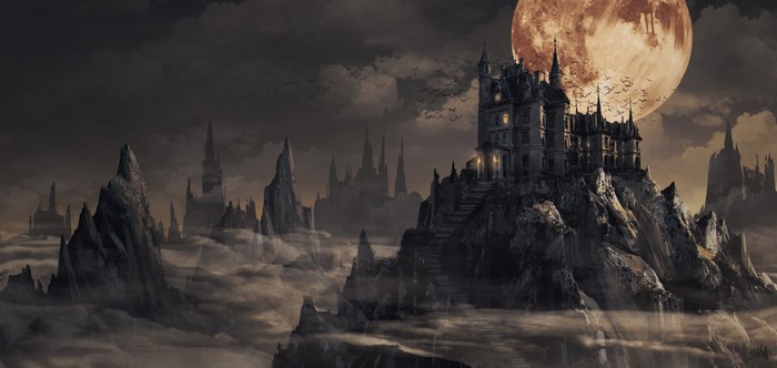 Castle on a mountain under a large moon