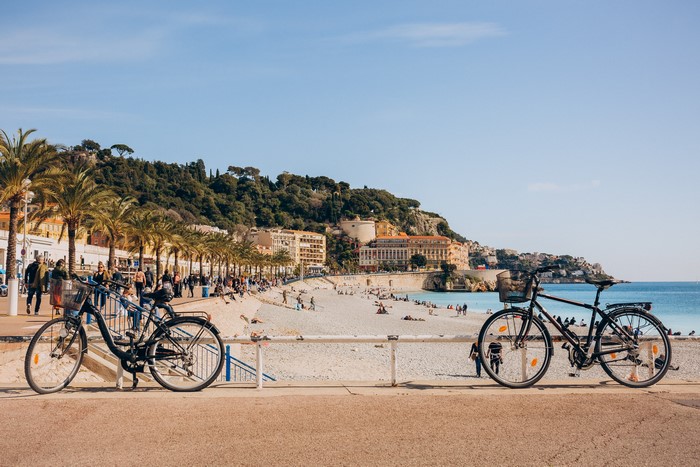 Bicycles on the Promenade des Anglais in Nice, France