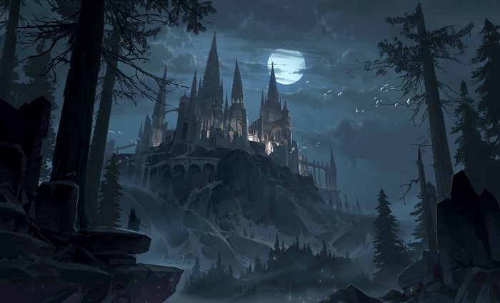 Gothic castle on a hill at night under moonlight