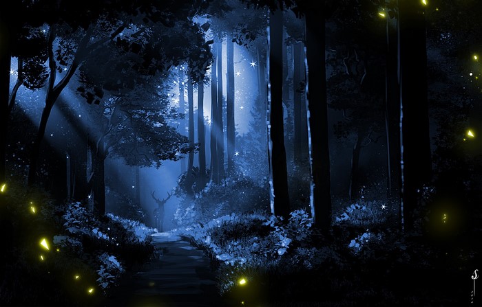Magical forest with deer and fireflies