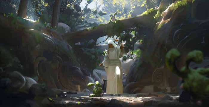 Fantasy art of a robed figure in a forest