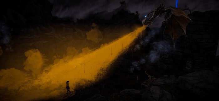 Dragon breathing fire on a person in a cave