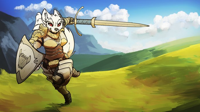 White wolf warrior with sword and shield in a field