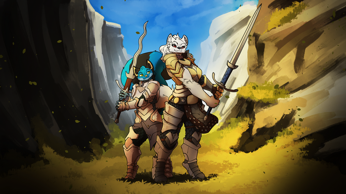 Two anthropomorphic warriors with swords in a canyon