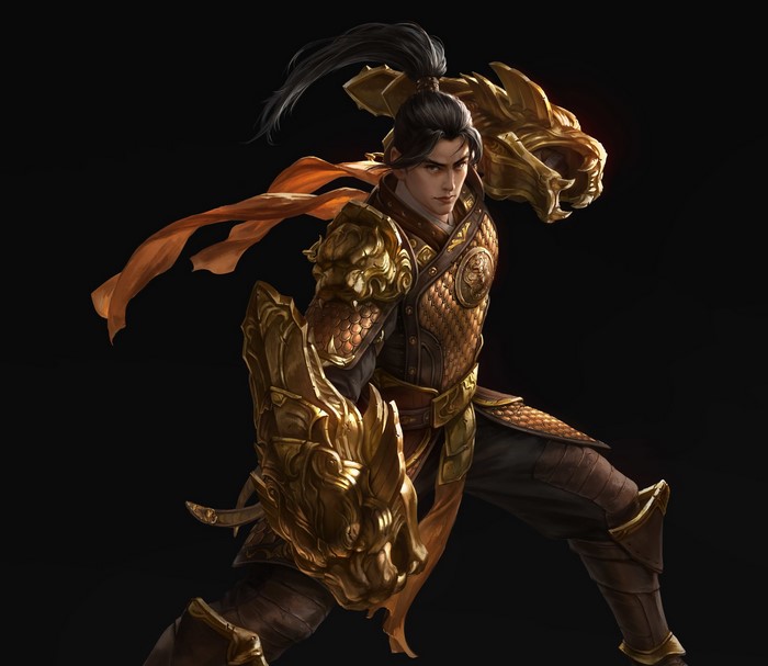 Warrior in golden armor with dragon pauldrons