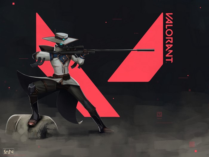 Cypher from Valorant with a sniper rifle