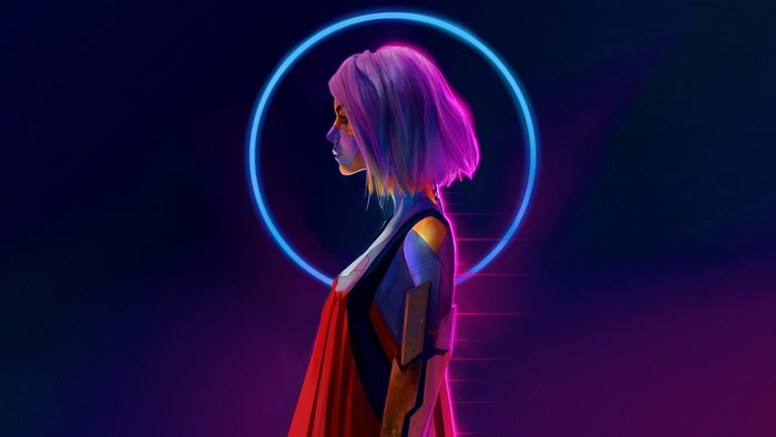 Cyberpunk woman with purple hair and red cape