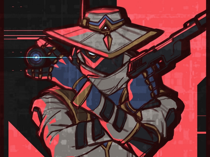 Cypher from Valorant holding a gun and spycam