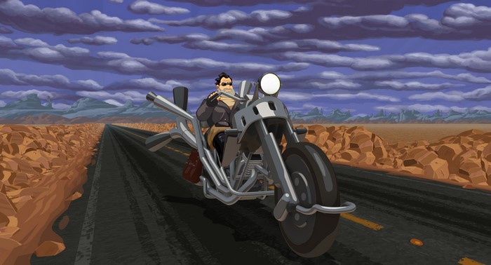 Ben Throttle from Full Throttle on a chopper in the desert