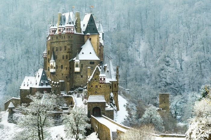 Castle Eltz in Germany covered in snow during winter