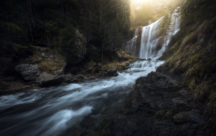 Waterfall flowing through a dark forest