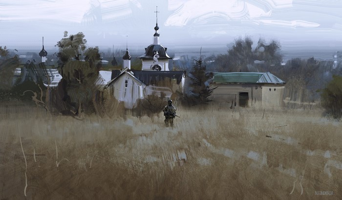 Soldier in a field near a Russian village with a church