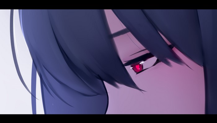 Anime girl with dark hair and red eyes