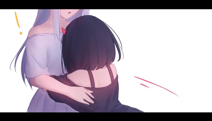 Two anime girls hugging, one with silver hair and horns