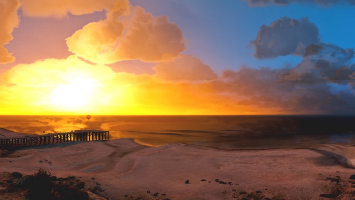 Grand Theft Auto V: Sunset over the ocean with a pier