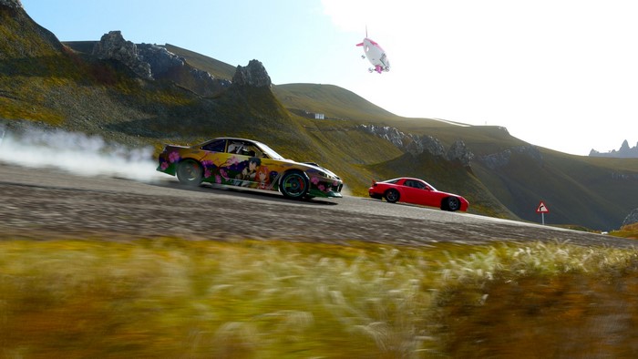 Nissan 240SX drifting in Forza Horizon 4 with a unicorn blimp