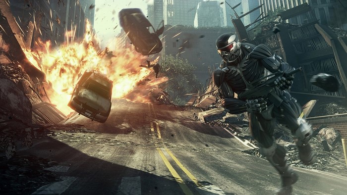 Soldier in Nanosuit from Crysis 2 in a destroyed city