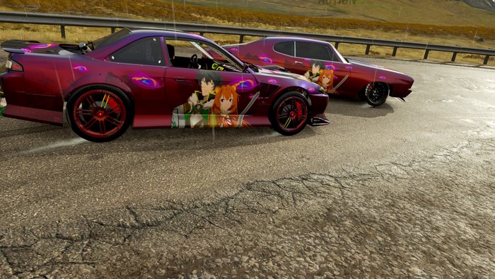 Raphtalia and Naofumi from Tate no Yuusha no Nariagari on Nissan 240SX and Ford Mustang in Forza Horizon 4