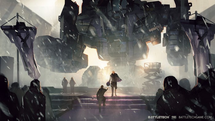 Battletech artwork of a mech and people in snow