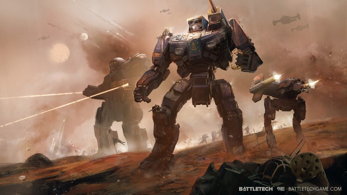 Battletech mechs in combat on a dusty planet