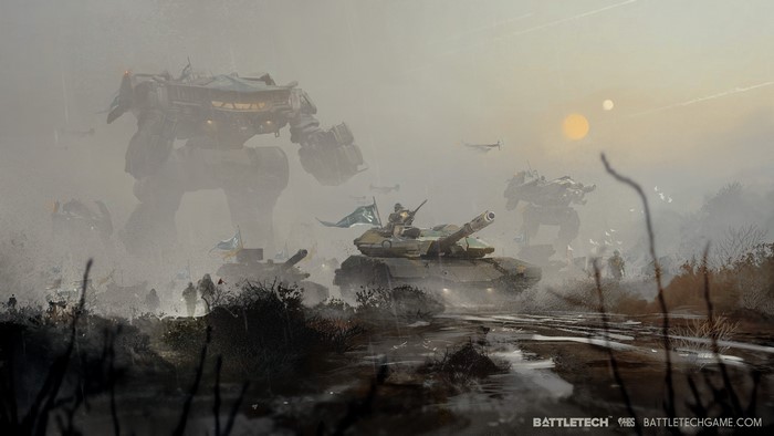 Battletech: Giant Robots and Tanks in a Misty Landscape