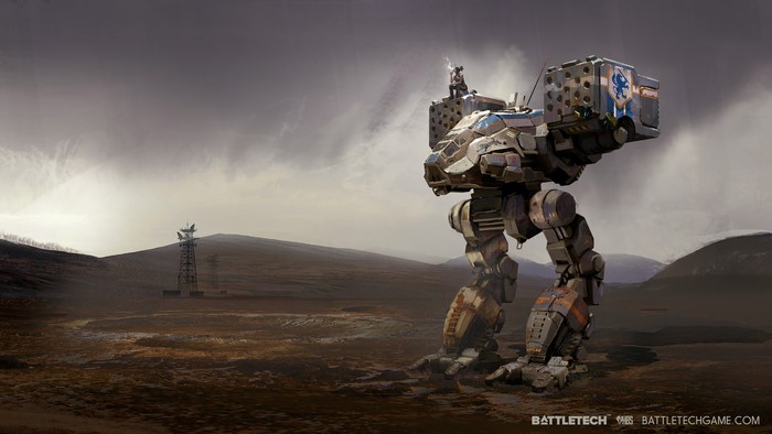 Battletech Mech in a desolate landscape with a radio tower
