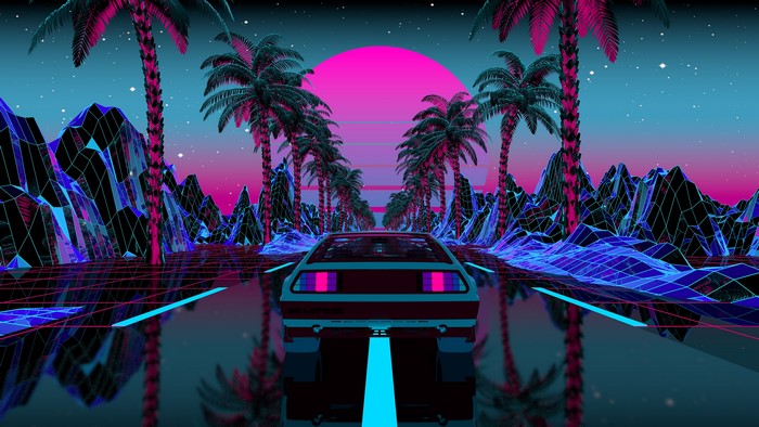 Synthwave DeLorean Driving Through Neon Landscape