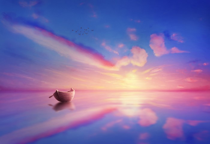 Digital art of a boat on the sea at sunset