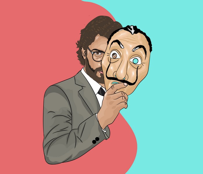 The Professor from Money Heist holding a mask