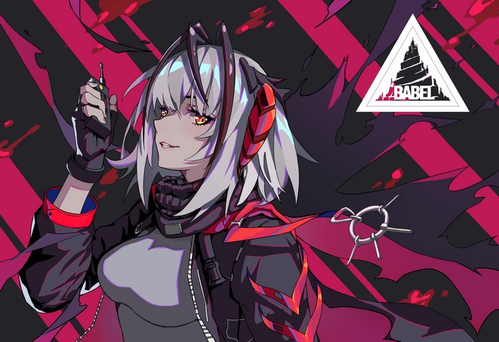 Arknights character with horns and silver hair