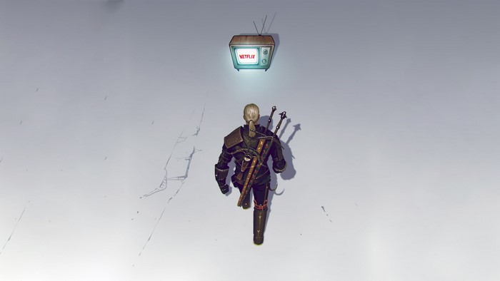 Geralt of Rivia from The Witcher looking at a Netflix TV