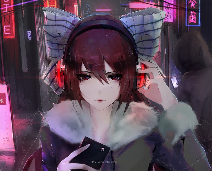 Girl with headphones and smartphone in neon city