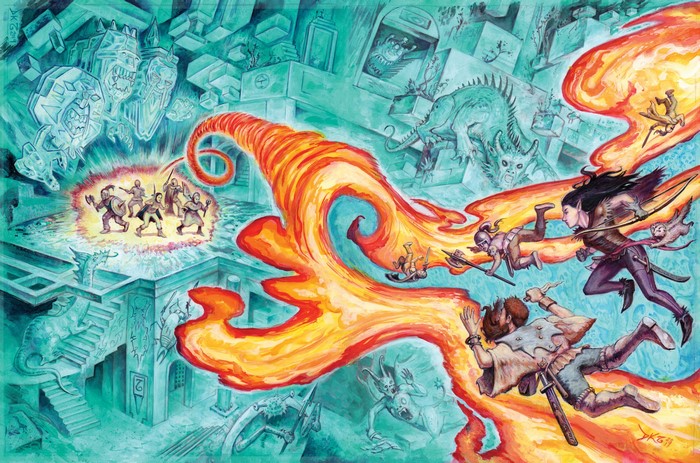 Dungeon Crawl Classics adventurers battling fire and ice monsters