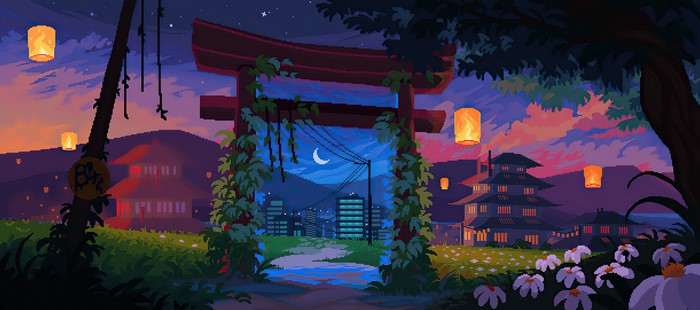 Pixel art Torii gate at dusk with lanterns and city