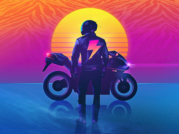 Biker in jacket with lightning bolt standing by motorcycle