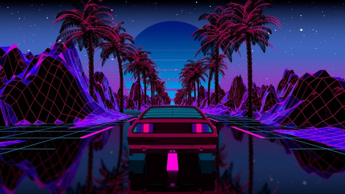 Retro car driving through neon palm trees and mountains
