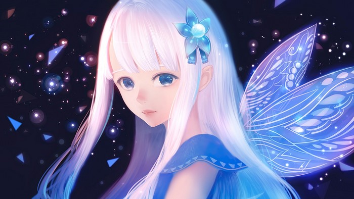 Fairy girl with white hair and blue wings