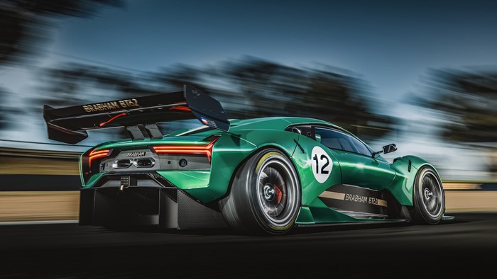 Green Brabham BT62 race car on track