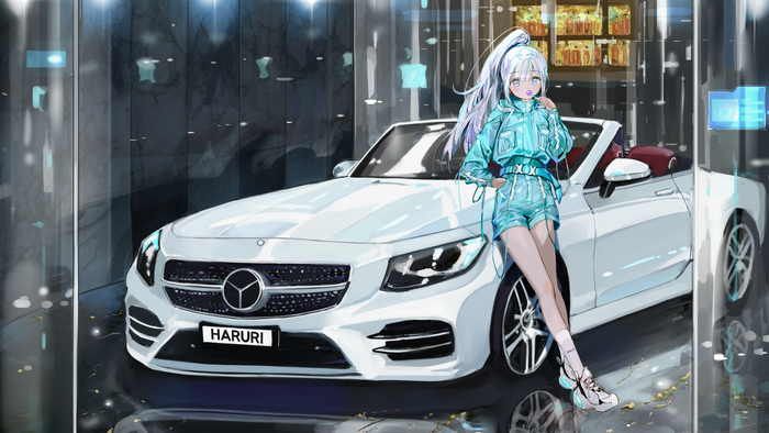 Anime girl with silver hair and white Mercedes-Benz convertible