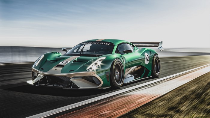 Green Brabham BT62 race car on a track