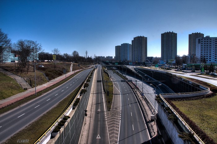 Empty highway and apartment buildings in Katowice, Poland